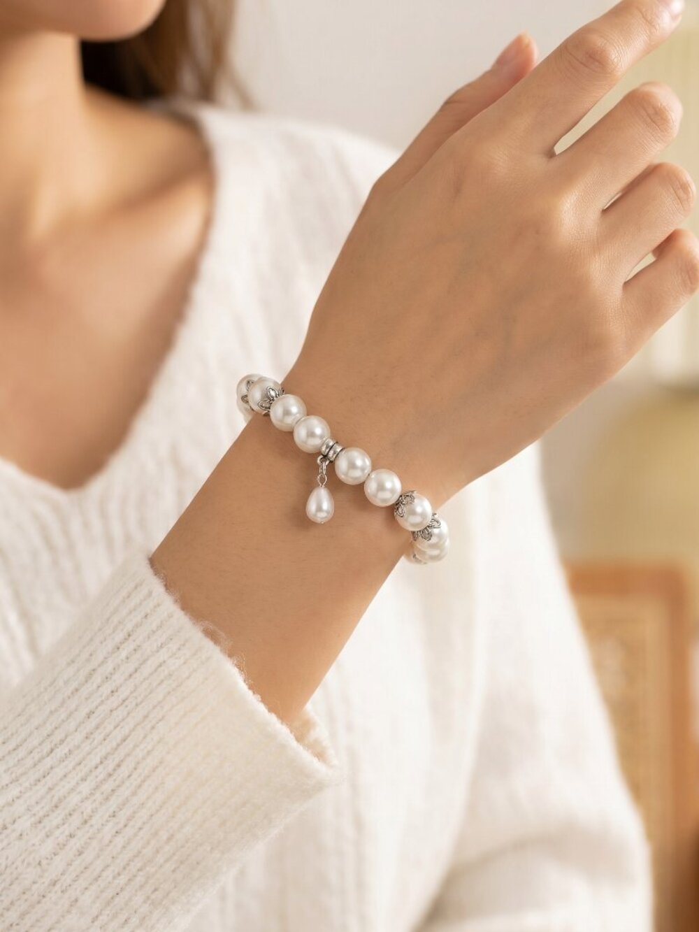 Designs by Forte Pearl Stretch Bracelet with Silver Bead Caps & Teardrop Charm